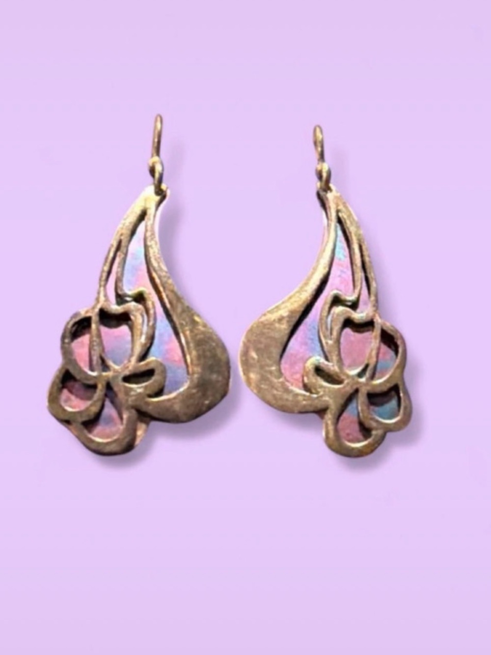 Vintage Sterling Silver Iridescent Art Nouveau Floral Dangle Earrings